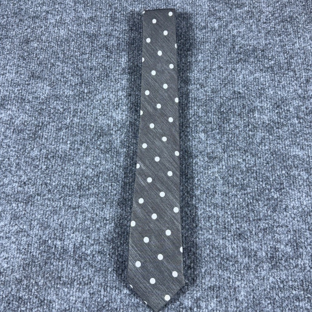 Express Mens Necktie Charcoal Gray White Polka Dot Textured Slim Silk Blend Tie